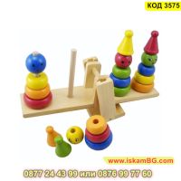 Монтесори дървена образователна играчка, Везна за баланс и сортиране с цветни фигури - КОД 3575, снимка 6 - Образователни игри - 45265678