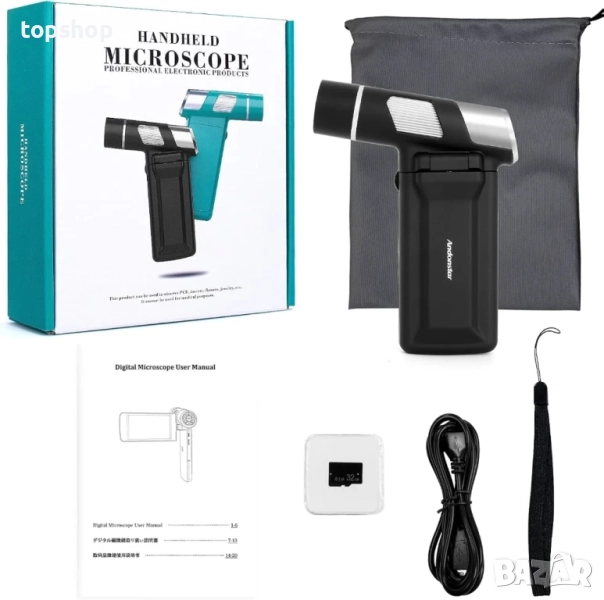 Ръчен цифров микроскоп Andonstar AD203, преносим джобенс 4-инчов екран, черен, електронно FHD видео, снимка 1