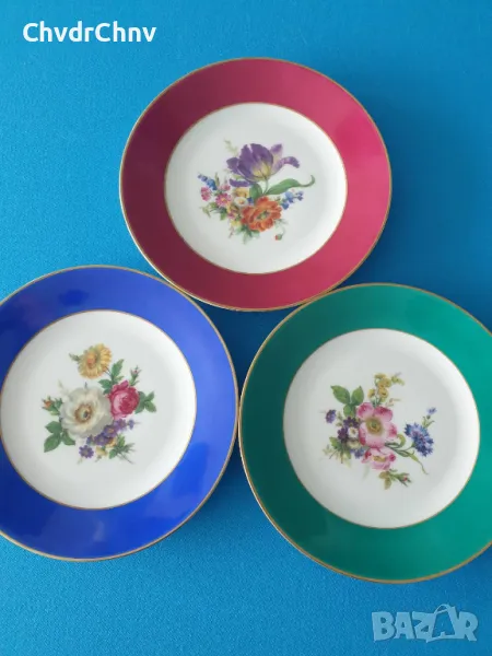 3бр Tirschenreuth Бавария немска колекционерска декоративна порцеланова чиния-картина/цветя, снимка 1