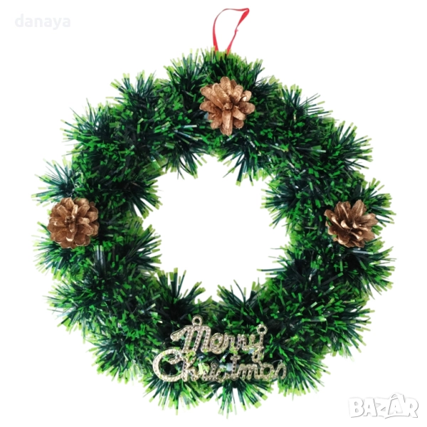 6186 Коледен венец за врата с шишарки и надпис Merry Christmas, 24 см, снимка 1