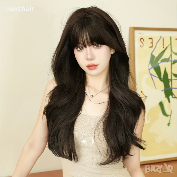 Тъмно кафява чуплива перука с бретон и зигзаг път, снимка 1