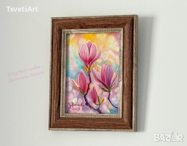 Оригинална картина – магнолии – акварел – идея за подарък, снимка 4 - Картини - 53877627