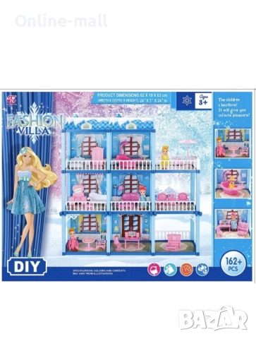Голяма къща за кукли на 3 етажа с мебели и аксесоари – 162 части