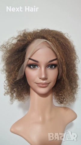Къса естествена афро перука с обем - кафява с руси кичури | Lace Front 13x4, снимка 2 - Аксесоари за коса - 53287354