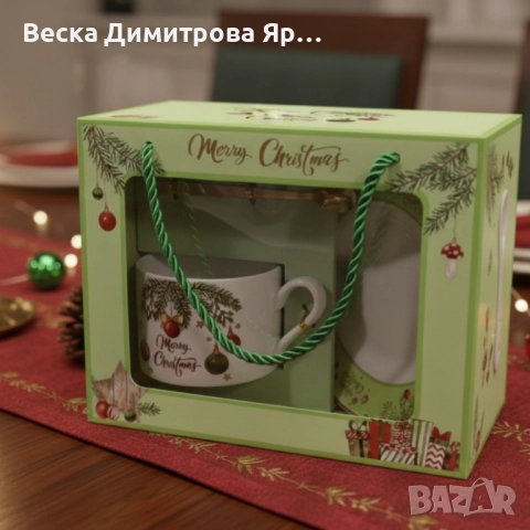 Коледен подаръчен комплект – Керамична чаша с лъжичка и чинийка в празнична кутия, снимка 6 - Коледни подаръци - 52578876