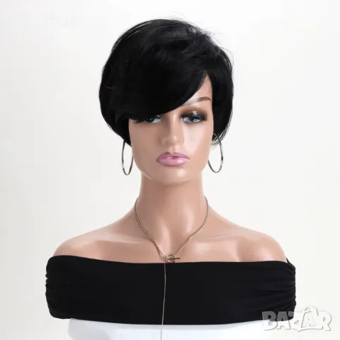 Къса черна синтетична перука, снимка 2 - Аксесоари за коса - 50339573