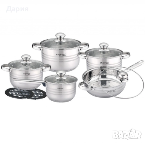 Комплект съдове за готвене, Cheffinger, 12 части, неръждаема стомана, за всички видове котлони