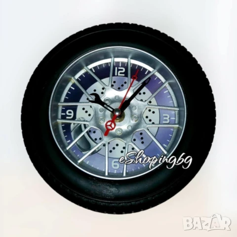 Стенен часовник – Автомобилна гума в синьо и червено, снимка 2 - Стенни часовници - 50892668