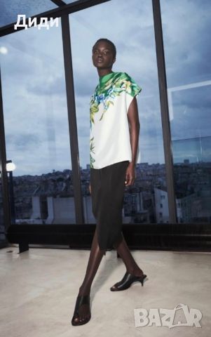 Риза на Zara, сатен, блуза с флорални мотиви, бяла, зелена, снимка 3 - Ризи - 46304147