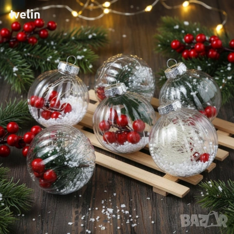 Комплект от 12 прозрачни топки за елха пълни с коледна декорация