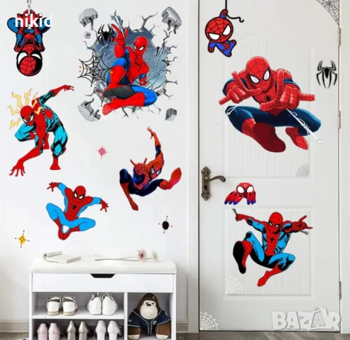 Спайдърмен Spiderman паяжина самозалепващ стикер лепенка за стена мебел прозорец детска стая детски, снимка 2 - Други - 53661677