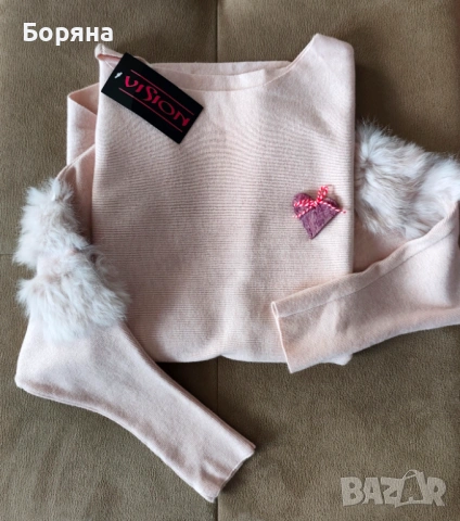 Бутик Vision - Нов розов пуловер кашмир с брошка, снимка 2 - Блузи с дълъг ръкав и пуловери - 37751508