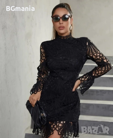Дантелена  елегантна черна рокля с висока яка дълъг ръкав размер М-Л, снимка 2 - Рокли - 51946896