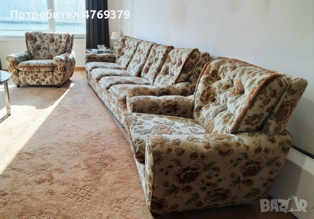 Елегантен винтидж комплект - 4-местен диван + 2 фотьойла, снимка 2 - Дивани и мека мебел - 53880662