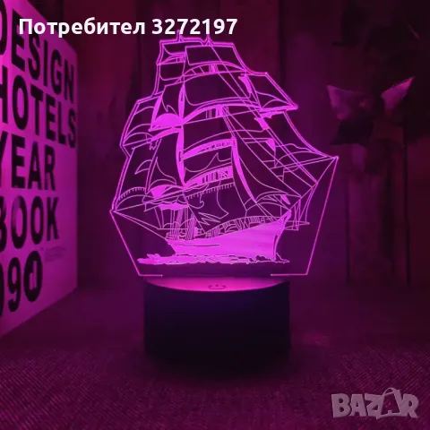 Холограмна 3D LED лампа Ветроходен кораб,RGB Седемцветен Интелигентен Контрол,USB, снимка 3 - Настолни лампи - 49492653