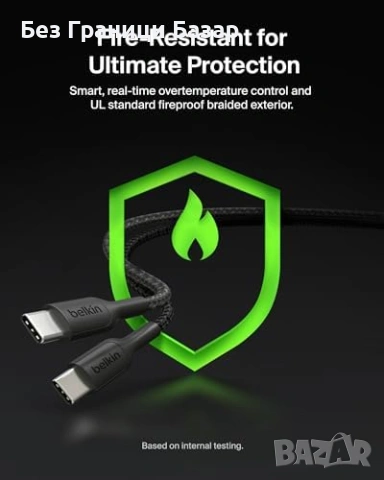 Нов заряден Belkin 2 в 1 USB-C към 2x USB-C кабел 140W PD плетен 1.5м, снимка 7 - Друга електроника - 53692352