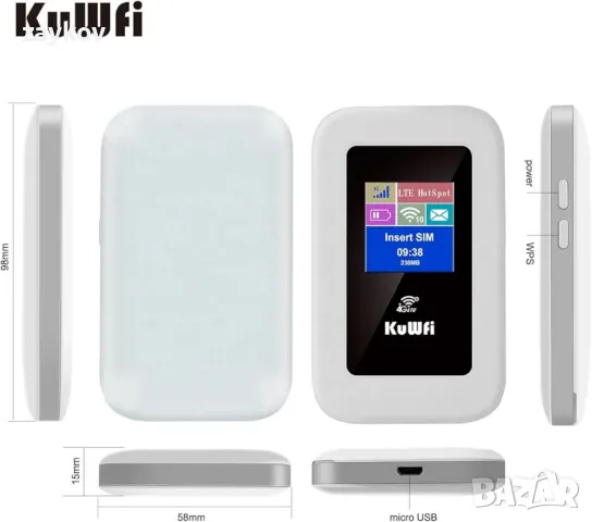 KuWFi 4G LTE 150Mbps Mobile WiFi, Plug and Play модем WiFi Hotspot 150 Mbps 4G FDD/TDD LTE, снимка 3 - Рутери - 47077001