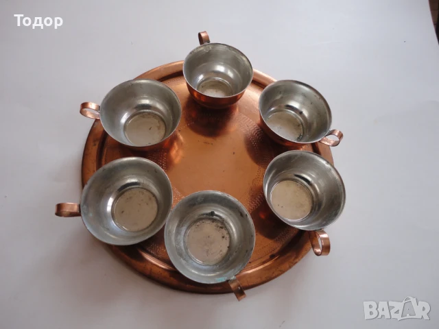 Невероятен меден бакърен сервиз чаши чаша с поднос 