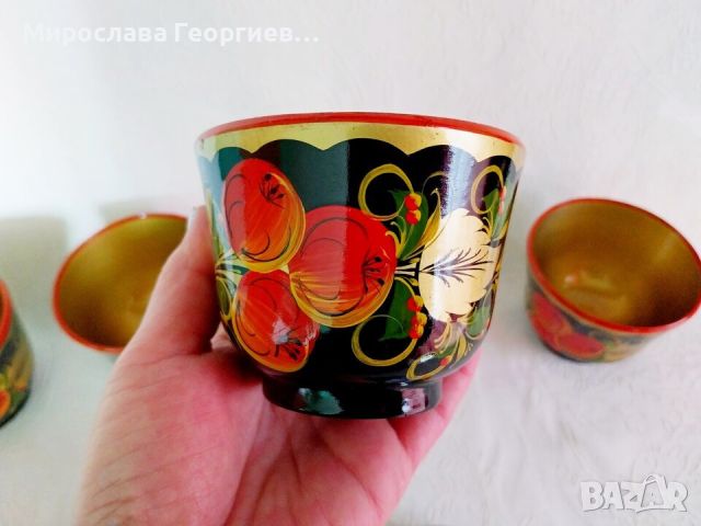 Комплект руски Хохлома чашки с чинийки по 4 броя, снимка 3 - Други ценни предмети - 45231827