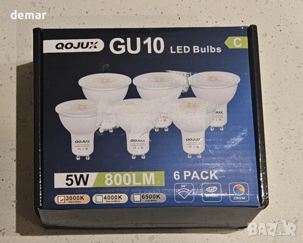 GU10 6 броя LED крушки, 5W, 800LM, 38°, 3000K, енергоспестяващи, снимка 8 - Лед осветление - 53604440