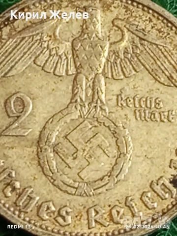 Сребърна монета 2 райхсмарки 1938г. Германия Трети Райх с Свастика за КОЛЕКЦИОНЕРИ 27986, снимка 3 - Нумизматика и бонистика - 53615260