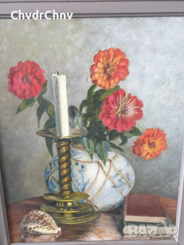 Haselstrom 48х40см/стара картина масло върху платно/натюрморт-цветя-свещник-книги/1943/дървена рамка, снимка 2 - Картини - 50823616