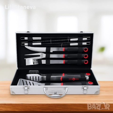 Луксозен комплект от 11 инструмента за барбекю в алуминиев куфар. , снимка 3 - Куфари с инструменти - 51772625