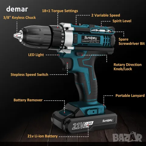 Sundpey 21V Електрическа бормашина Винтоверт с 2 батерии 2,0 Ah, LED светлина и нивелир, 2 скорости, снимка 7 - Винтоверти - 47524255