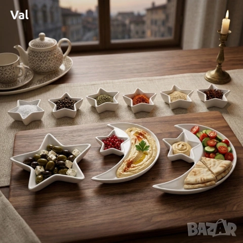Луксозен комплект плата и купички във формата на Полумесец и Звезда - 9 части, бял порцелан, снимка 8 - Сервизи - 53929871