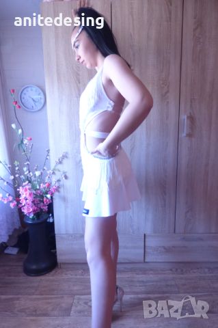 Бяла  рокля за спортни танци с ресни и кристали, снимка 6 - Детски рокли и поли - 46407818