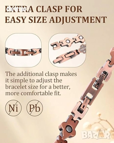 Гривна от мед BioMag 99.99% за жени, магнитна гривна за жени с дизайн на детелина за късмет, снимка 4 - Гривни - 54217331