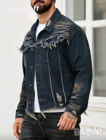 Ново мъжко карго дънково яке риза Street Style накъсан вид овърсайз изтъркано деним памук ХХЛ, снимка 8 - Якета - 53241286