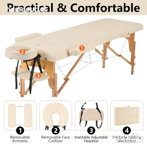 ПРОМОЦИЯ Преносимо масажно легло от букова дървесина с регулируема височина YOUNIKE YNK-60-W2-CREAM, снимка 6 - Спални и легла - 51039182