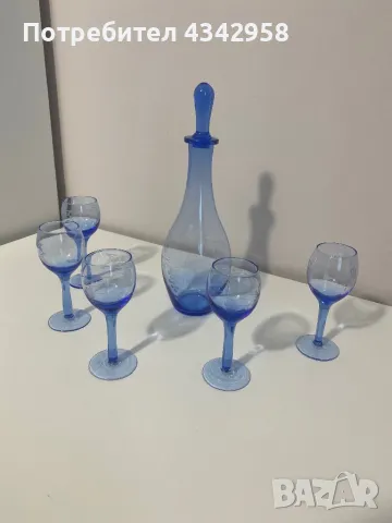 Vintage Blue Decanter and Glasses set of 6, снимка 1 - Други ценни предмети - 48732749