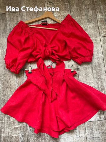 Нов ленен лен червен елегантен сет комплект от широки къси панталони топ бюстие буфан ръкав , снимка 2 - Костюми - 46439102