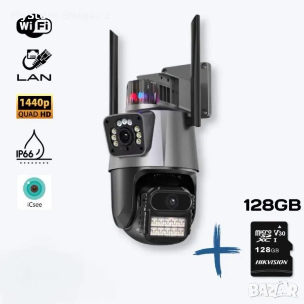 Външна Охранителна WiFi камера с двоен обектив и 8x Zoom - 3x 3MP + 128GB microSD карта, снимка 1