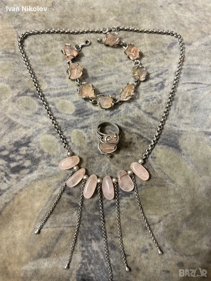 Дамски сребърен комплект с розов кварц 77 грама, снимка 1