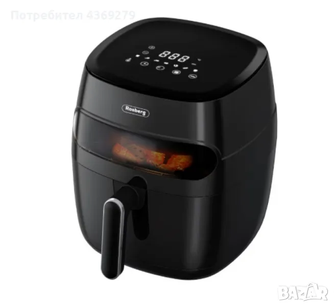 Фритюрник AirFryer , 1350W, 5.2л., LED дисплей, Горещ въздух, Таймер, до 200°C, Черен, снимка 1