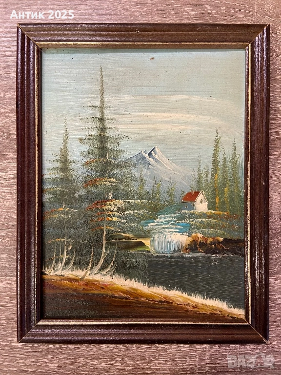 Винтидж пейзаж с водопад и планинска къща, маслена живопис върху панел, с рамка, снимка 1