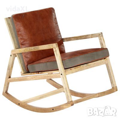 vidaXL Люлеещ стол, кафяв, естествена кожа и мангово дърво масив(SKU:282906, снимка 1