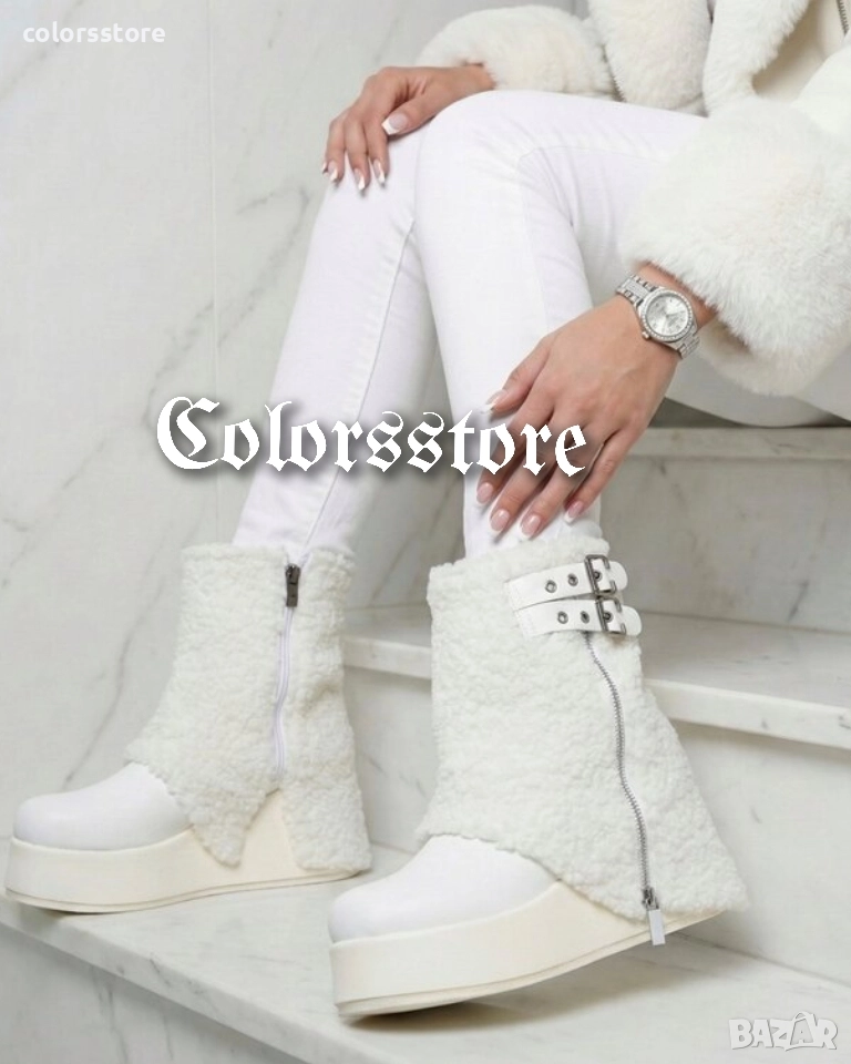 Боти на платформа - бяла кожа - BPK55 , снимка 1