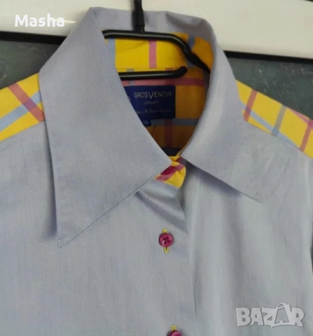 Дамска синя ретро риза GrosVenor London 14 UK M, снимка 2 - Ризи - 52355034