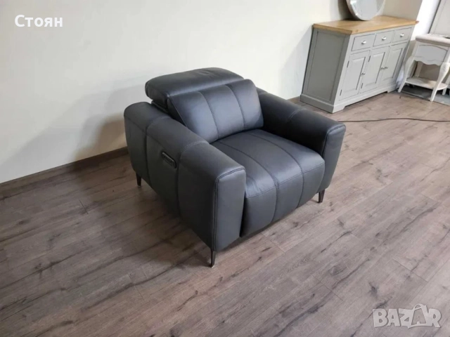 Тъмно сив кожен фотьойл с електрически релаксиращ механизъм, снимка 3 - Дивани и мека мебел - 51954343
