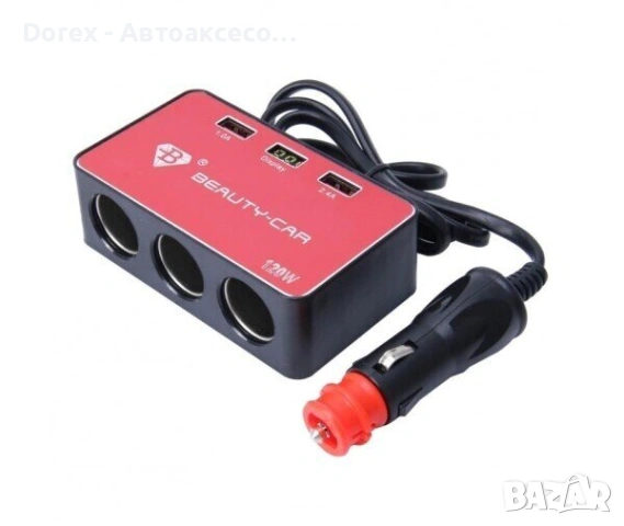 Разклонител за запалка с волтметър - 3 гнезда + 2 USB (120W)