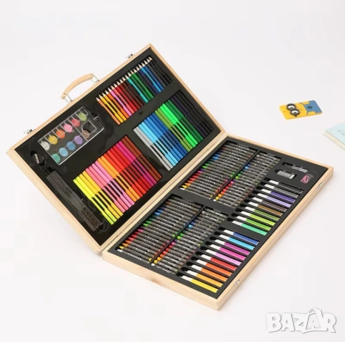 Комплект за рисуване и оцветяване за деца, 180 части, дървена кутия, 12 вида прибори, Ярки цветове, снимка 7 - Рисуване и оцветяване - 53900676