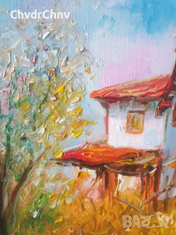 Димитър Генев 33x27см/малка българска картина масло върху платно/стара селска къща, снимка 4 - Картини - 51153027