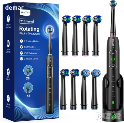 Въртяща се електрическа четка за зъби, 8 глави, 3 интензитета, 5 режима, черна