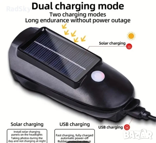 Фар за колело с клаксон, зарежда се от слънцето, свети силно, свири още по-силно и плаши котките, снимка 7 - Велосипеди - 51089502