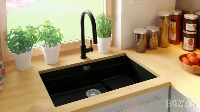 Черна гранитна мивка за монтаж под плот Прага 80 Step Level 560 x 470 мм, снимка 4 - Мивки - 49811764