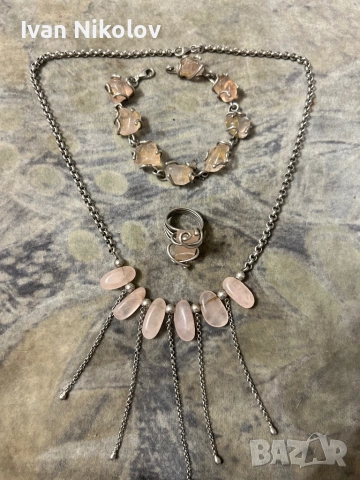 Дамски сребърен комплект с розов кварц 77 грама